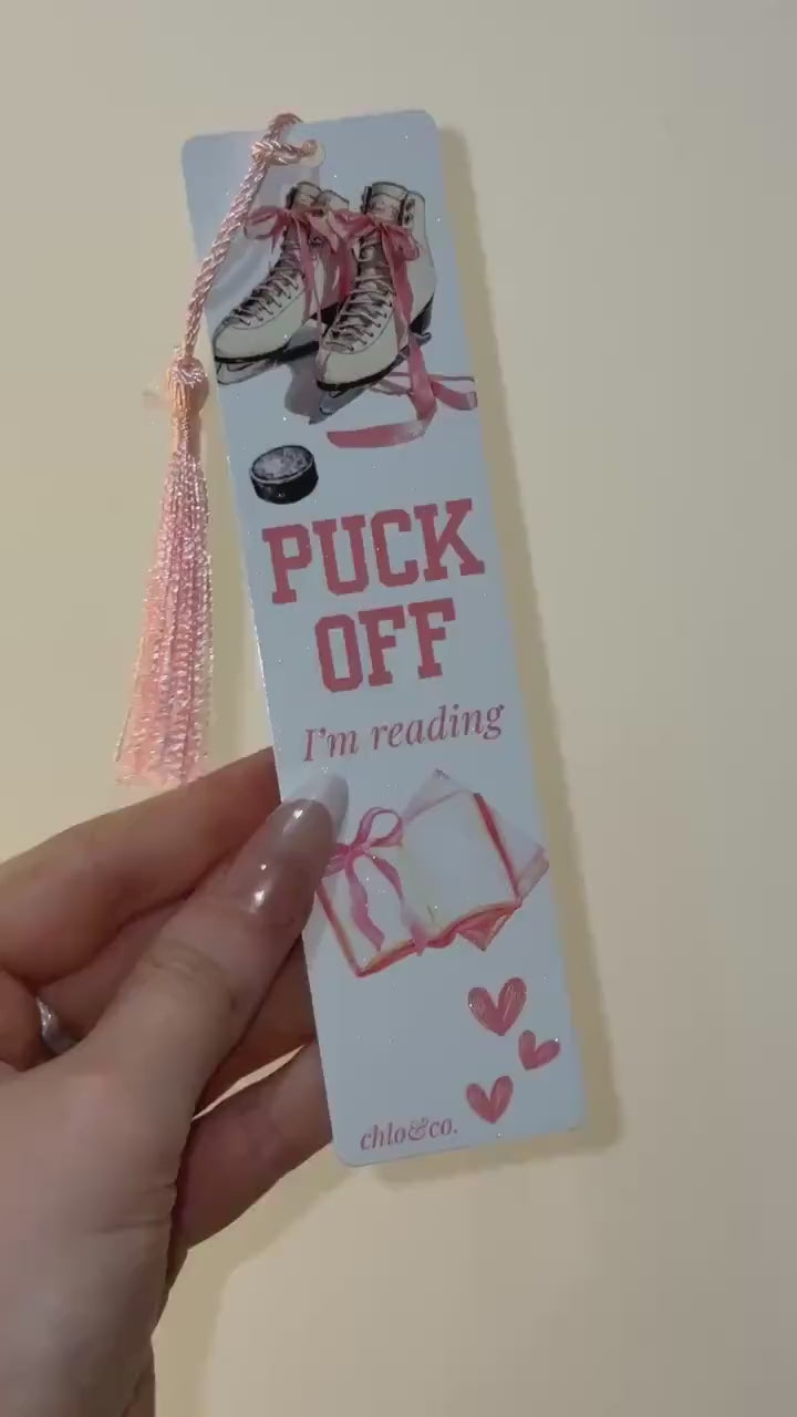 Puck Off I’m Reading Metal Bookmark with Pink Tassel | Ice Hockey Romance Sports Bookmark, BookTok Hockey Merch Skater Icebreaker Off Campus