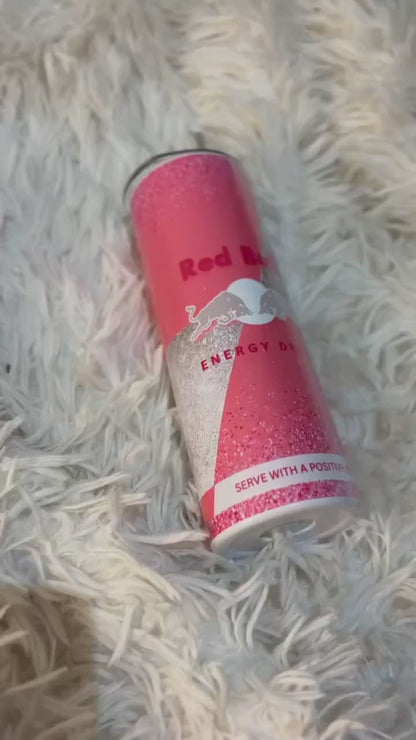 Pink and Silver Glitter Red Bull Inspired Stainless Steel Tumbler with Lid and Straw | Glitter Energy Drink Cup | Custom Gift for Her