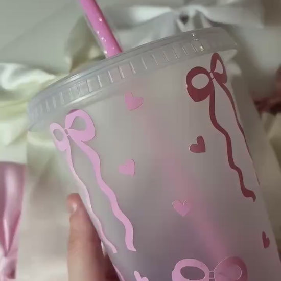 Coquette Bow Cold Cup with Pink Straw | Iced Coffee Tumbler | Bows & Hearts Cup | Coquette Aesthetic | Girly Gift | Kawaii Drinkware