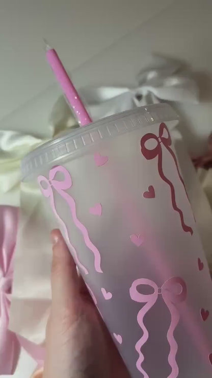 Coquette Bow Cold Cup with Pink Straw | Iced Coffee Tumbler | Bows & Hearts Cup | Coquette Aesthetic | Girly Gift | Kawaii Drinkware