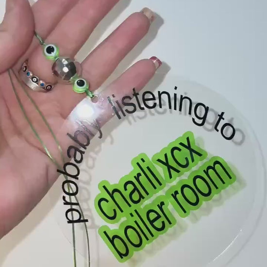 Probably Listening to Charli XCX Boiler Room Car Mirror Charm | Brat Era Acrylic Hanging Accessory Sign with Evil Eye Beads | chlo&co.