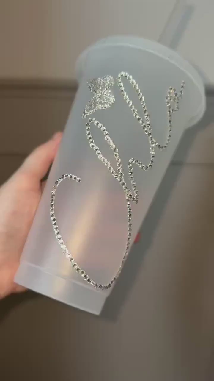 Personalised Diamanté Cold Cup with Optional Butterfly Accent Custom Name Bling Cup, Rhinestone Tumbler, Frosted Reusable Cup, Gift for Her